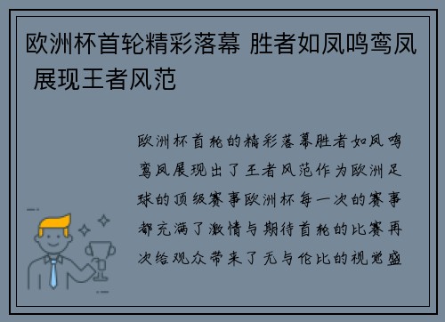欧洲杯首轮精彩落幕 胜者如凤鸣鸾凤 展现王者风范