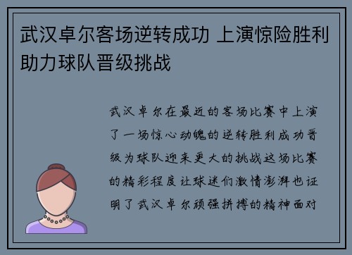 武汉卓尔客场逆转成功 上演惊险胜利助力球队晋级挑战