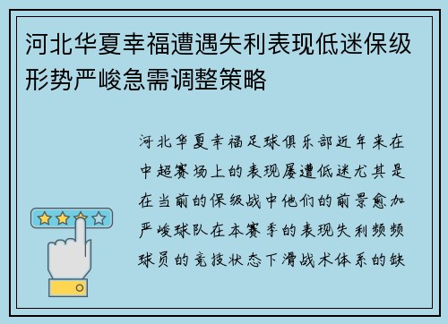 河北华夏幸福遭遇失利表现低迷保级形势严峻急需调整策略