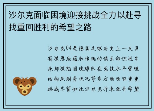沙尔克面临困境迎接挑战全力以赴寻找重回胜利的希望之路