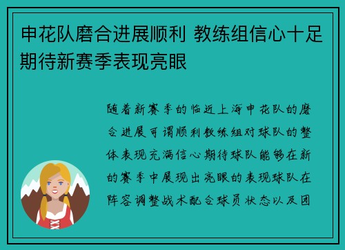 申花队磨合进展顺利 教练组信心十足期待新赛季表现亮眼