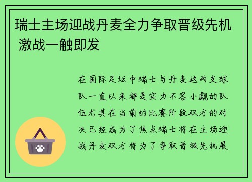 瑞士主场迎战丹麦全力争取晋级先机 激战一触即发